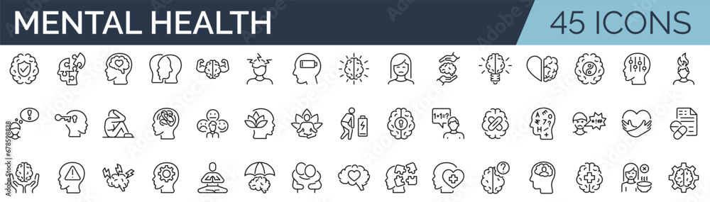Set of 45 outline icons related to mental health. Linear icon collection. Editable stroke. Vector illustration - obrazy, fototapety, plakaty 