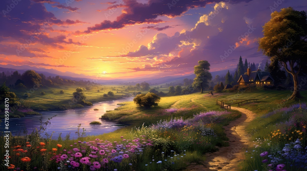 Peaceful landscape with the sun setting Peaceful landscape with the sun setting