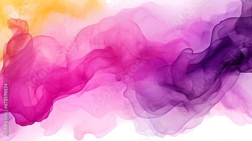 Ink watercolor hand drawn smoke flow stain blot on wet paper texture background. Violet, pink, yellow colors texture marble. Generative Ai.