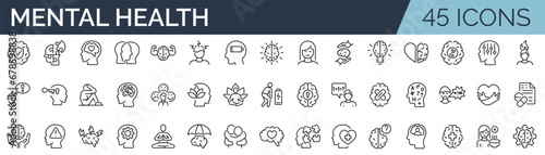 Set of 45 outline icons related to mental health. Linear icon collection. Editable stroke. Vector illustration © SkyLine