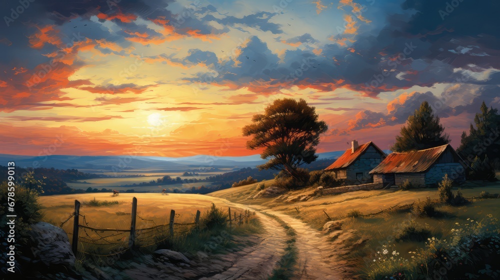 Peaceful landscape with the sun setting