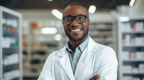 Portrait of Happy Confident Black Pharmacist Wearing Lab Coat and Glasses, Crosses Arms and Looks at Camera Smiling Charmingly in a pharmacy store.