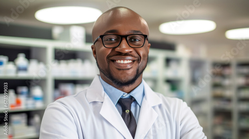 Portrait of Happy Confident Black Pharmacist Wearing Lab Coat and Glasses, Crosses Arms and Looks at Camera Smiling Charmingly in a pharmacy store. © Wararat