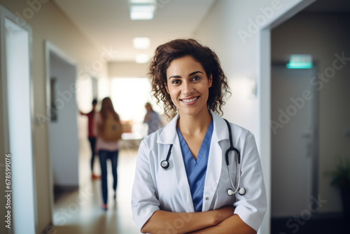 Portrait of Happy female doctor standing with arms crossed in hospital corridor.