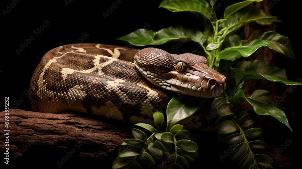 A silent boa constrictor coiled around a tree branch. A silent boa constrictor coiled around a tree branch.