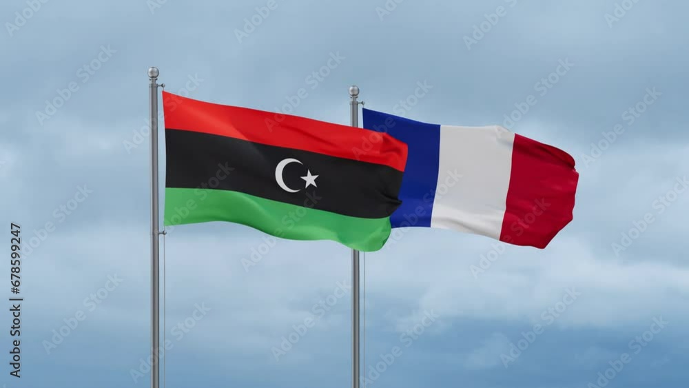 France and Libya flags waving together on cloudy sky, endless seamless loop, two country relations concept France and Libya flags waving together on cloudy sky, endless seamless loop, two country relations concept