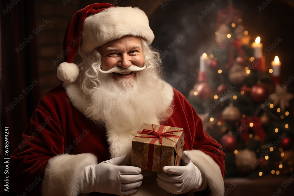 Close-up portrait of a smiling and cheerful Santa Claus with New Year and Christmas gifts. Indoor winter holiday atmosphere Close-up portrait of a smiling and cheerful Santa Claus with New Year and Christmas gifts. Indoor winter holiday atmosphere