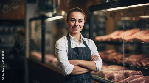 Portrait of Smiling female butcher standing with arms crossed in modern meat shop. photo