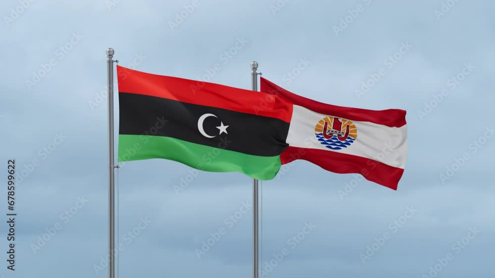 French Polynesia flag and Libya flag waving together on cloudy sky, endless seamless loop, two country relations concept French Polynesia flag and Libya flag waving together on cloudy sky, endless seamless loop, two country relations concept