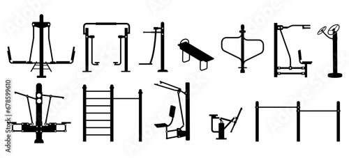 Outdoor workout equipment silhouette. Fitness gym equipment horizontal bar, outdoor fitness bar with machines and fitness equipment. Vector illustration photo