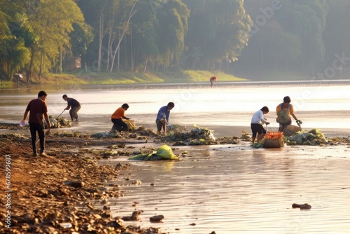 A community picking up garbage plastic for cleaning river event 