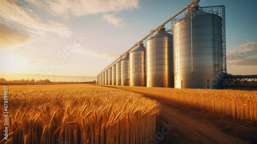 Silos in wheat field. Storage of wheat production.