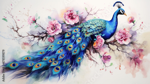 A beautiful peacock painted with watercolor with flowers. photo