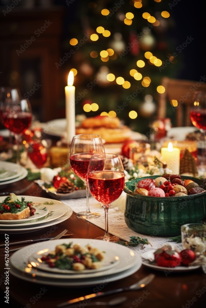 Traditional 90s Christmas dinner table set with festive dishes and decor 