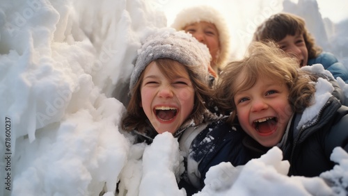 90s kids gleefully constructing a snow fort during joyous Christmas holidays  photo
