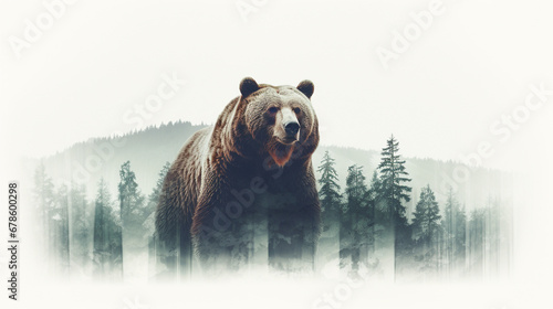 Creative photo poster with double exposure with line icon of bear and text 