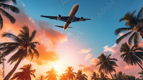 Bottom view of Airplane flying over coconut trees at sunset © theupperclouds
