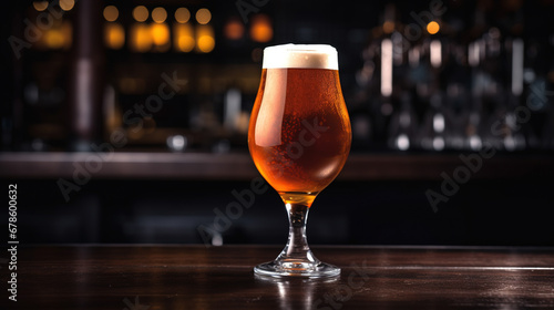 Glass of beer on bar counter with copy space. AI