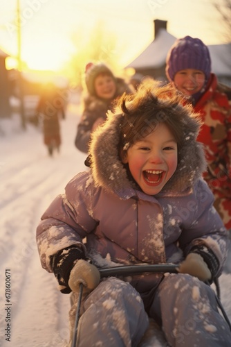 90s children joyfully sledging in a snowy Christmas landscape at dusk 
