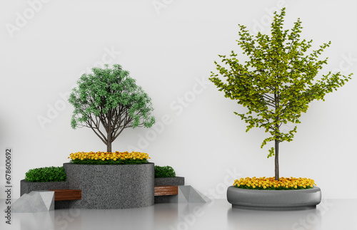 Set of different styles of outdoor seats and tree pot in modern design cutouts isolated on white background, 3d render