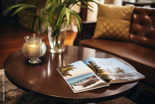 A travel insurance brochure laid open on a coffee table