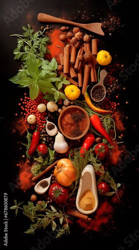illustration. Artistic herbs and spices in the kitchen. herbalism, parapharmacy, traditional medicine concept. homeopathy