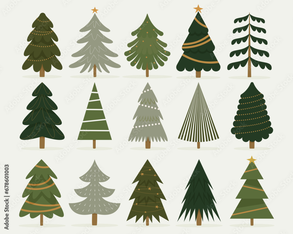 Winter christmas tree collection. Cartoon traditional fir trees decorated with balls sparkle snowflakes and presents, holiday season celebration vector set