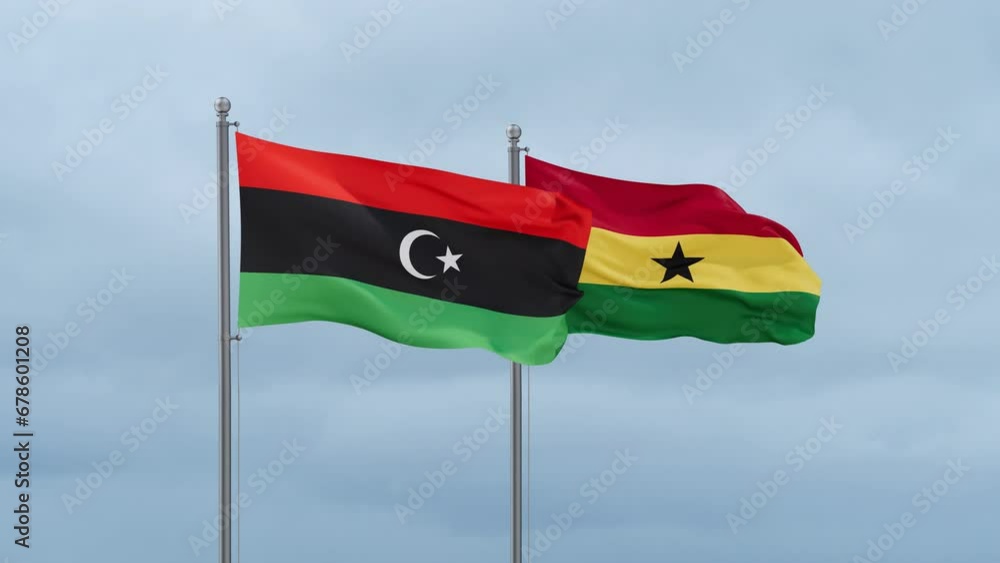 Ghana flag and Libya flag waving together on cloudy sky, endless seamless loop, two country relations concept Ghana flag and Libya flag waving together on cloudy sky, endless seamless loop, two country relations concept