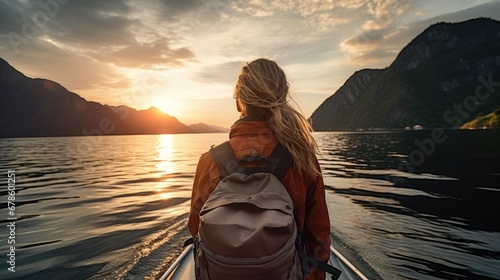 Rear view of young woman traveler with backpack on boat among mountains enjoying sunset © theupperclouds