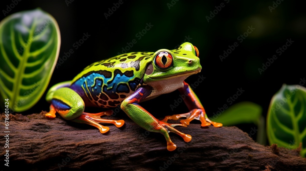 Obraz premium A vibrant tree frog perched on a leaf.