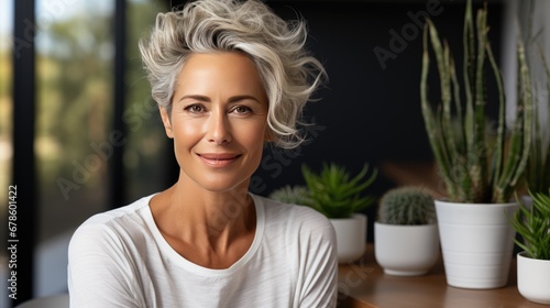 Shooting with gorgeous gray-haired senior woman. Stylish and well-groomed elderly mature woman. Positive single old age model. Natural old beauty and aging concept.