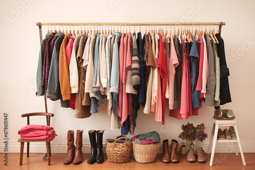 Women's wardrobe. Clothes rail with hangers. Concept of clothing and shopping and nothing to wear.