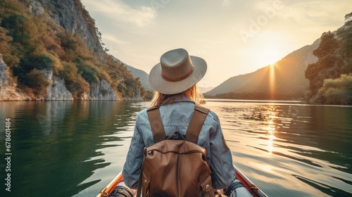 Rear view of young woman traveler with backpack on boat among mountains enjoying sunset