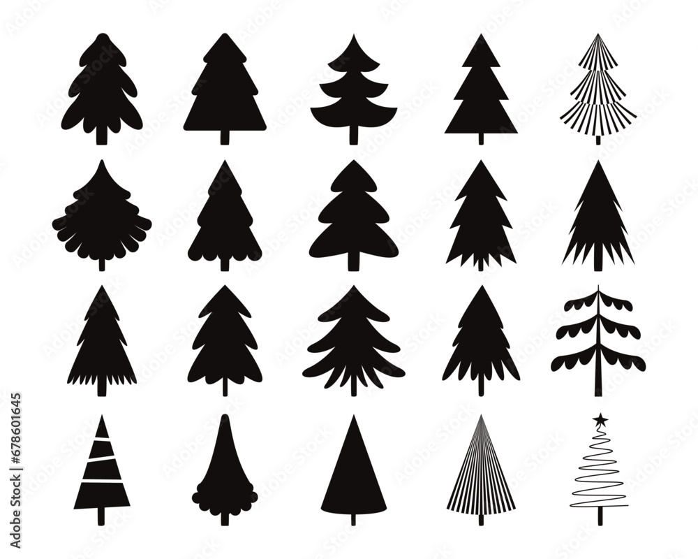 Black christmas tree icons. Seamless print of winter holiday trees with ornaments, snowflakes and presents. Vector monochrome background Black christmas tree icons. Seamless print of winter holiday trees with ornaments, snowflakes and presents. Vector monochrome background