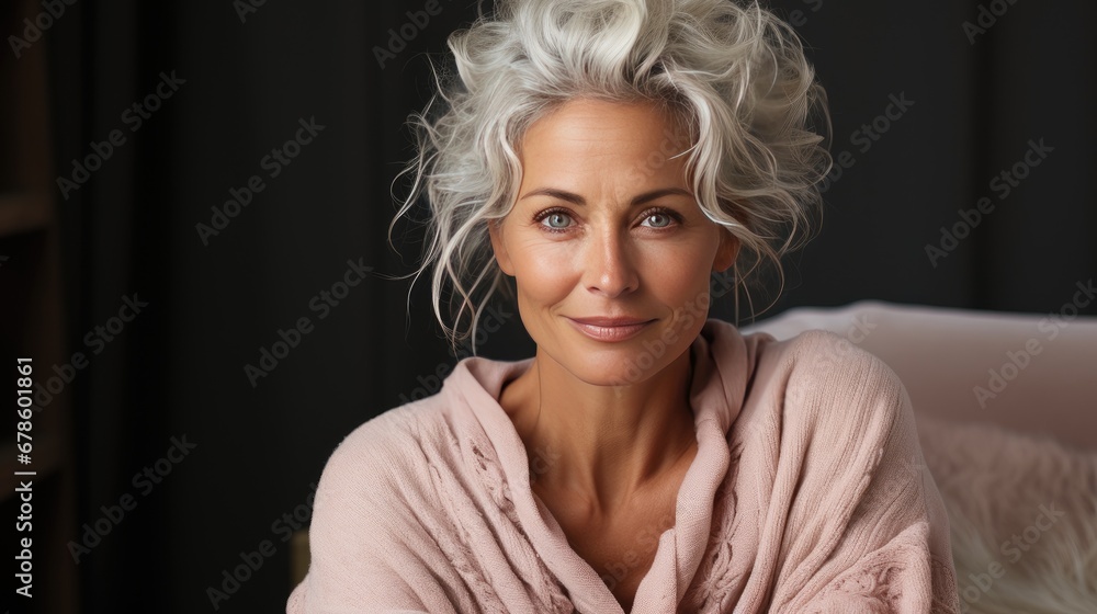 Shooting with gorgeous gray-haired senior woman. Stylish and well-groomed elderly mature woman. Positive single old age model. Natural old beauty and aging concept. Shooting with gorgeous gray-haired senior woman. Stylish and well-groomed elderly mature woman. Positive single old age model. Natural old beauty and aging concept.