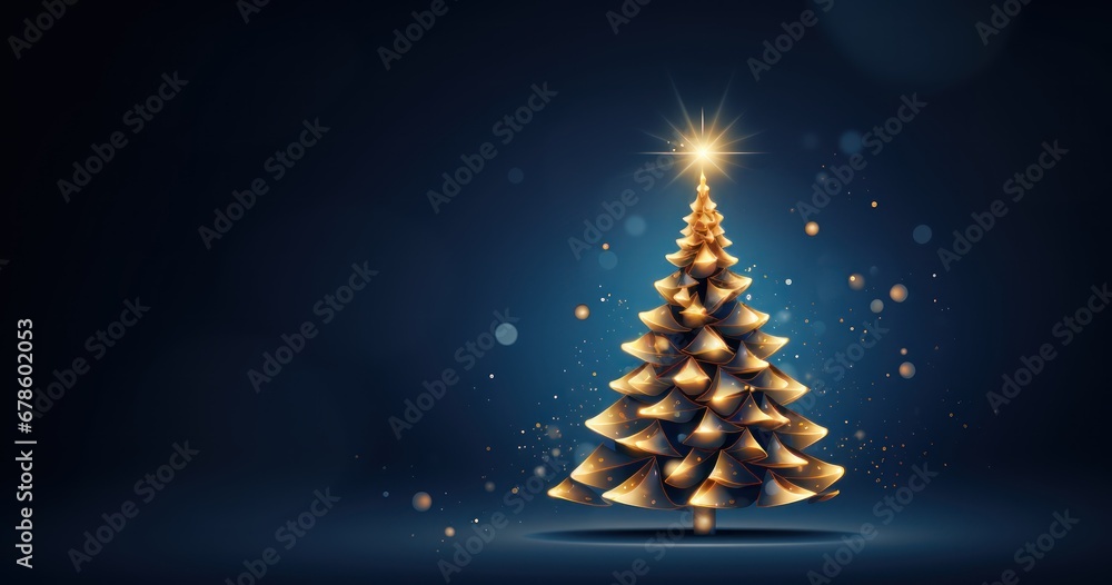 Golden Christmas tree with particlsa isolated on night. Merry Christmas background with copy space Golden Christmas tree with particlsa isolated on night. Merry Christmas background with copy space