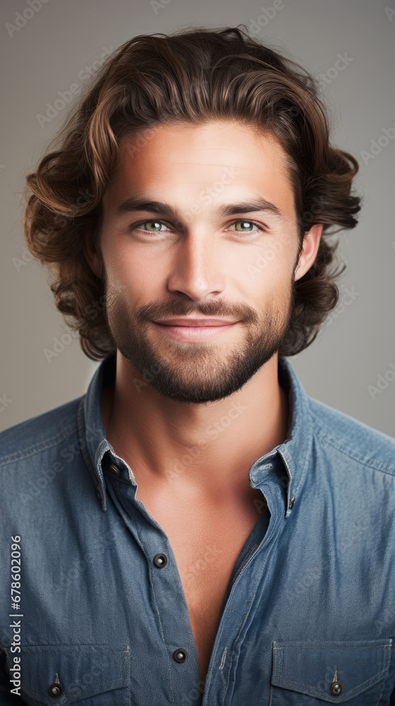 Obraz premium Portrait of a handsome smiling Caucasian man with a unique haircut and casual clothes