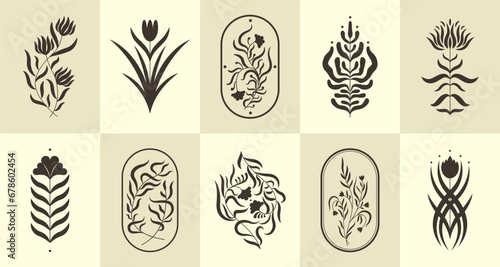 Modern abstract floral elements. Flower doodle botanies silhouettes, nature floral elements minimalistic floristic icons. Vector isolated collection