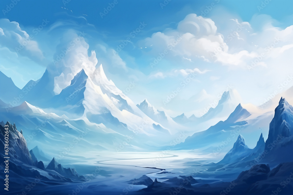Winter lanscape .Mountain and land was covered by snow .Illustration background .