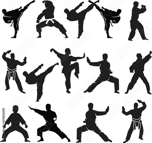 set of Karate people vector illustration. Karate player in different action pose. Combat skill for self defense. 