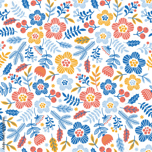 Interweaving of stylized doodle flowers and branches in the Scandinavian color style on white background