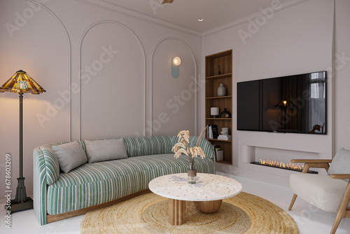 Elevate Your Space with Mint Sofa, Next to TV Mountain, Fireplace, Stand Up a Lamp, Coffee Table, White Wall Paint