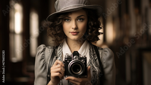 young beautiful female photographer with a 1920s style vintage professional camera created with Generative AI Technology