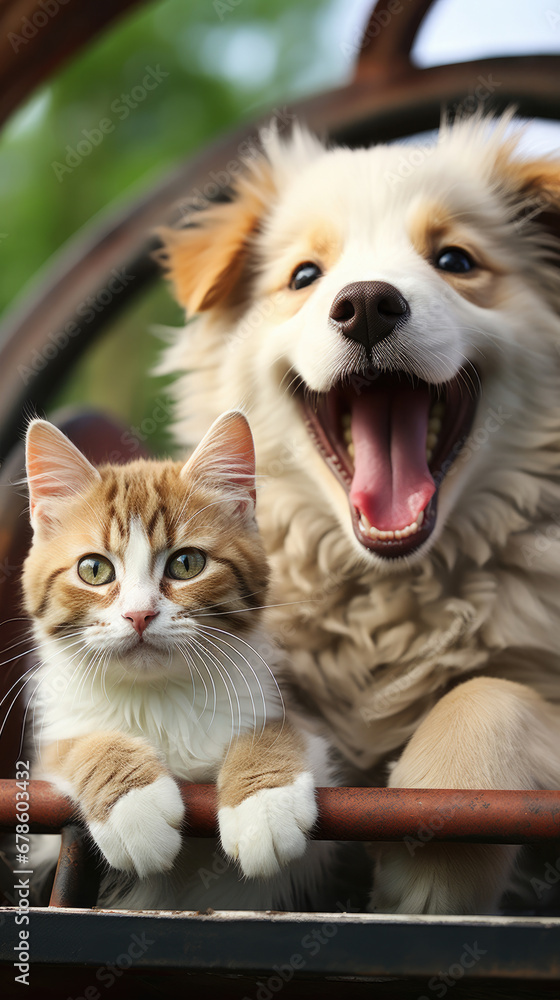 A friendly cat and dog are taking a photo together on a roller coaster