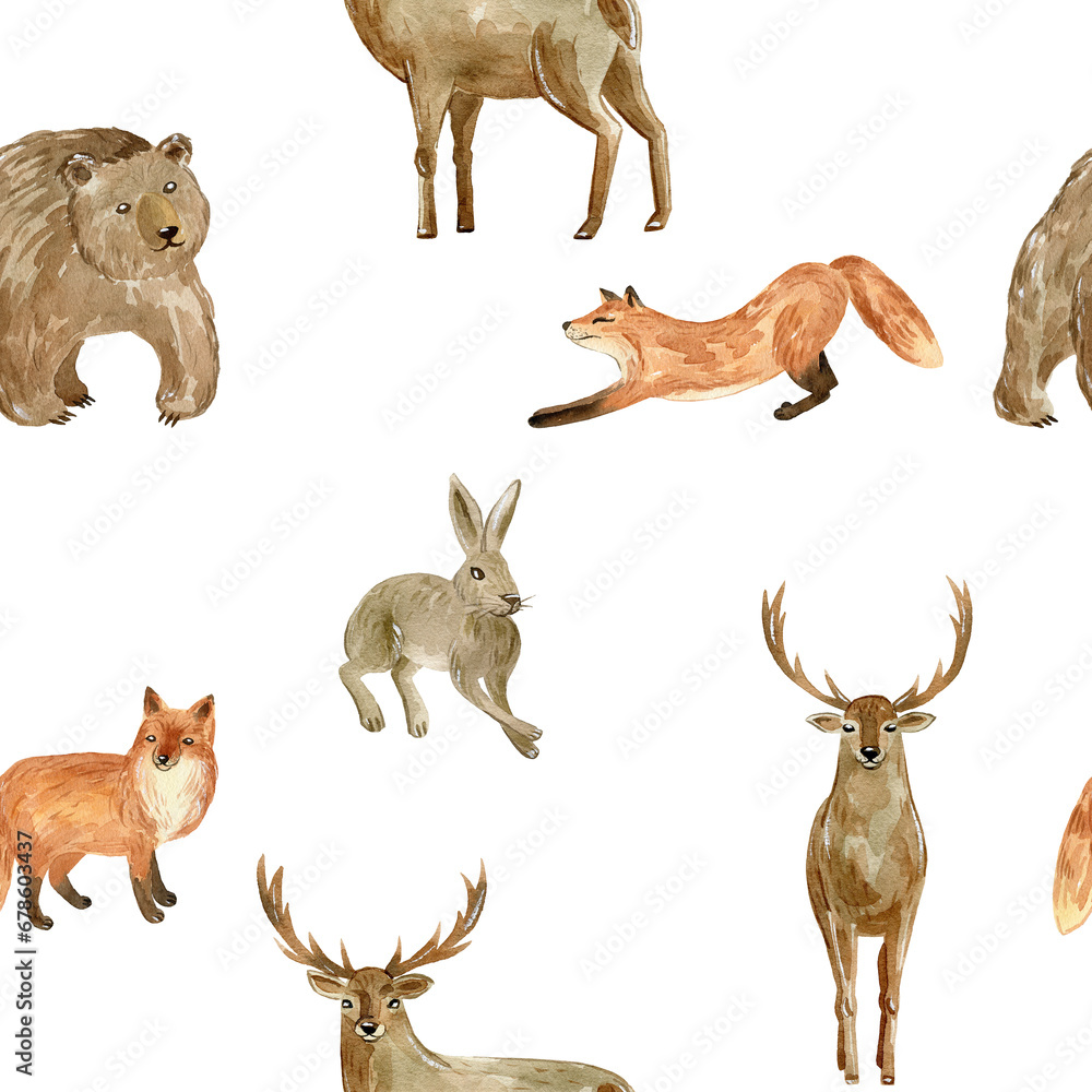 Obraz premium Watercolor seamless pattern with forest animals for fabric, wrapping paper, etc.