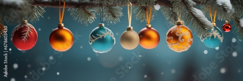 Christmas background with fir branches and balls, snowflakes on green background withsnow particals for new year celebration photo