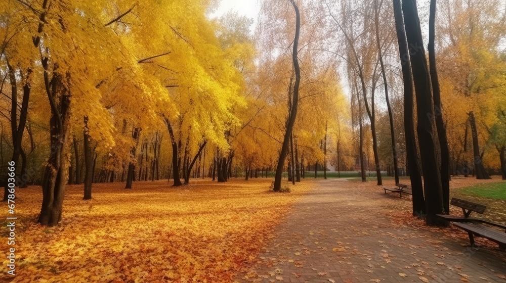 Autumn multi-colored trees in the city park zone. Fall forest. Romantic mood. Park alley with yellow leafes. Seasonal beautiful picture. Postcard concept.
