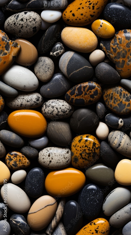 Seamless Pattern of Black and Yellow Pebbles, Pebble Stones Seamless Pattern of Black and Yellow Pebbles, Pebble Stones