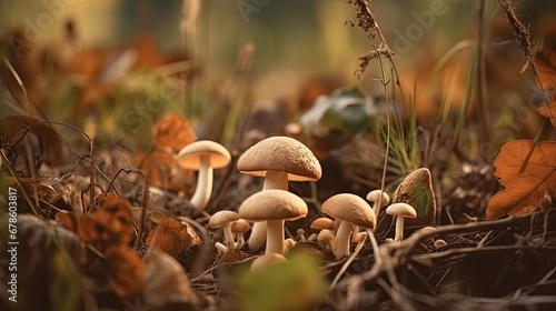 beautiful closeup of forest mushrooms in grass, autumn season. little fresh mushrooms, growing in Autumn Forest. mushrooms and leafs in forest. Mushroom picking concept. Magical .