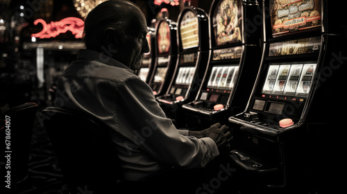 man sits and plays slot machines in casino alone created with Generative AI Technology photo